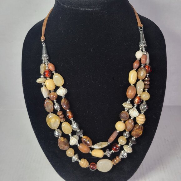 Multi-Color Beaded Necklace With Silver Accents & Adjustable Leather Cord - Picture 1 of 5